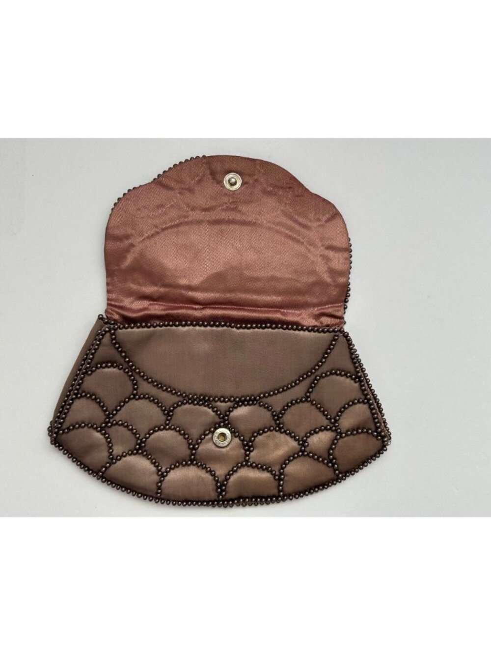 Vintage Brown Satin Beaded Clutch w/ Floral Motif Design - Picture 7 of 8